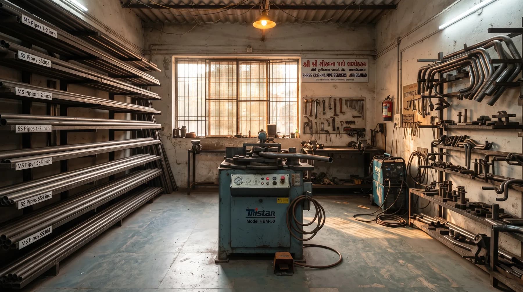 Kamdhenu Pipe Bending workshop, hydraulic bending machine and racks of pipes.