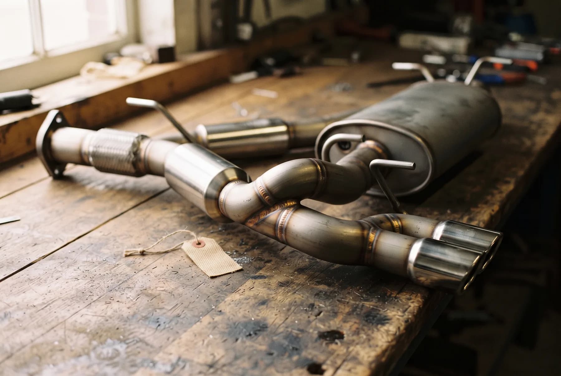 Mild steel exhaust assembly, mitred and tacked ready for weld.