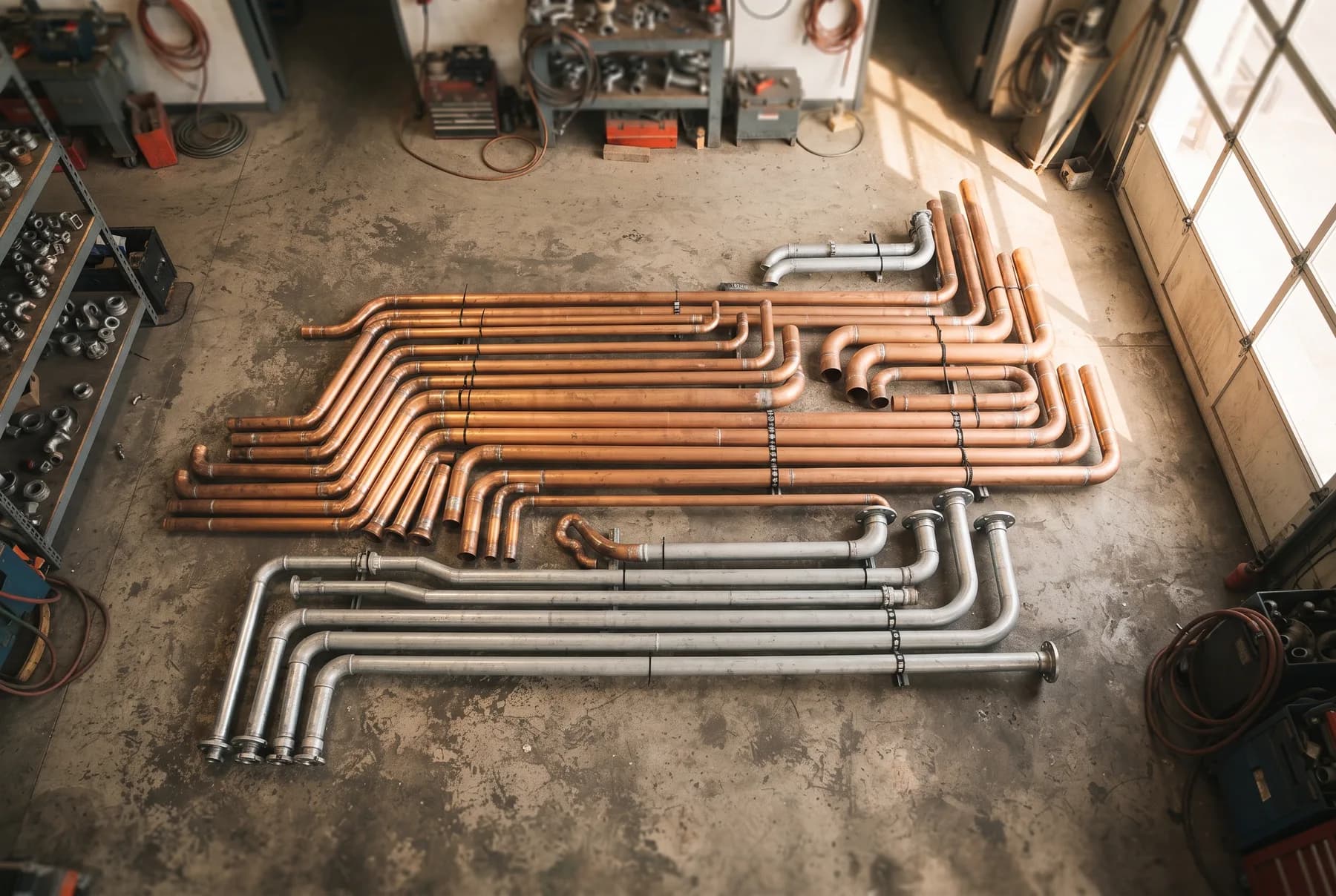 Bundle of HVAC bends staged for a commercial site install.